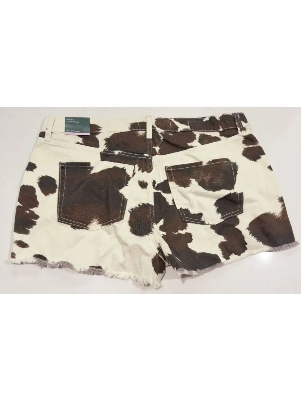Wild Fable Brown Cream Cow Print Rigid Frayed Raw Denim Cutoff Shorts Size 16